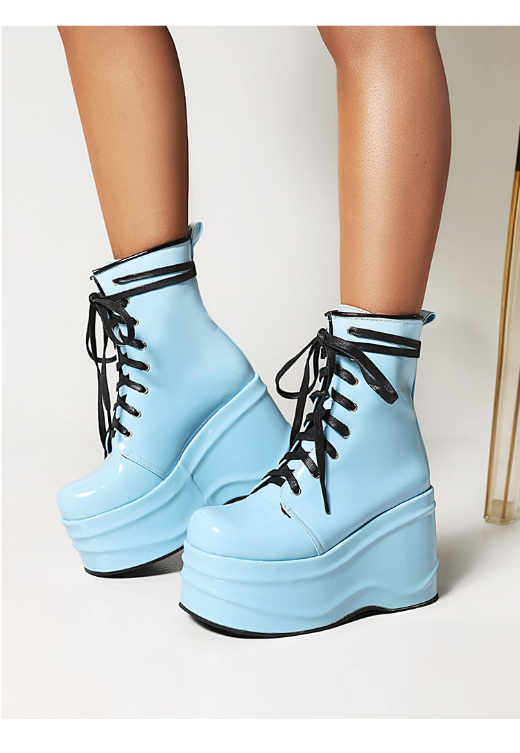 Punk Style Super High Waterproof Platform Flat-Bottomed Boots Cross-Lace Bright Patent Leather Shoes