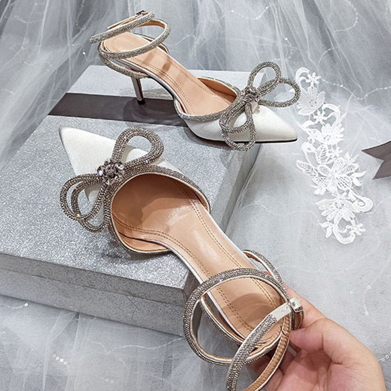 Crystal Bowknot Pointed Toe Buckle Strap Heels
