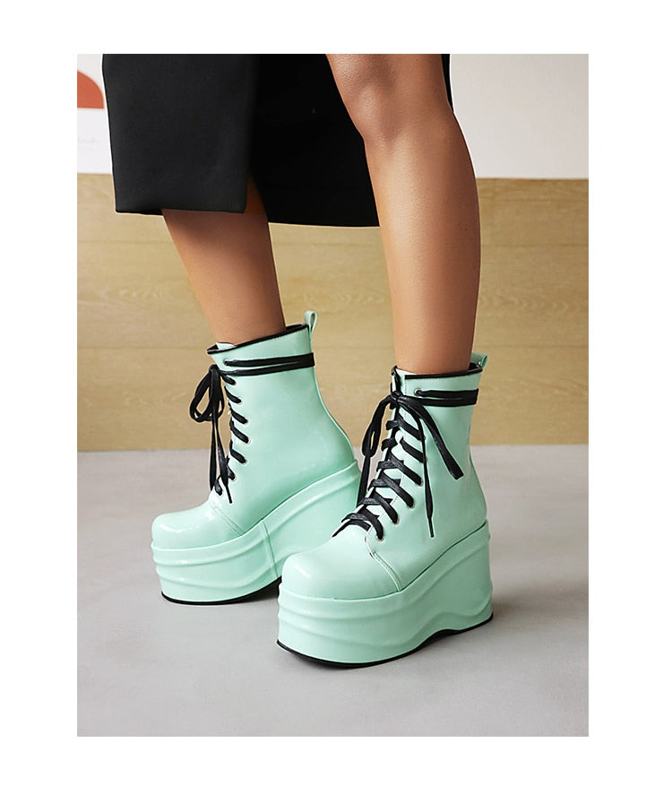 Punk Style Super High Waterproof Platform Flat-Bottomed Boots Cross-Lace Bright Patent Leather Shoes