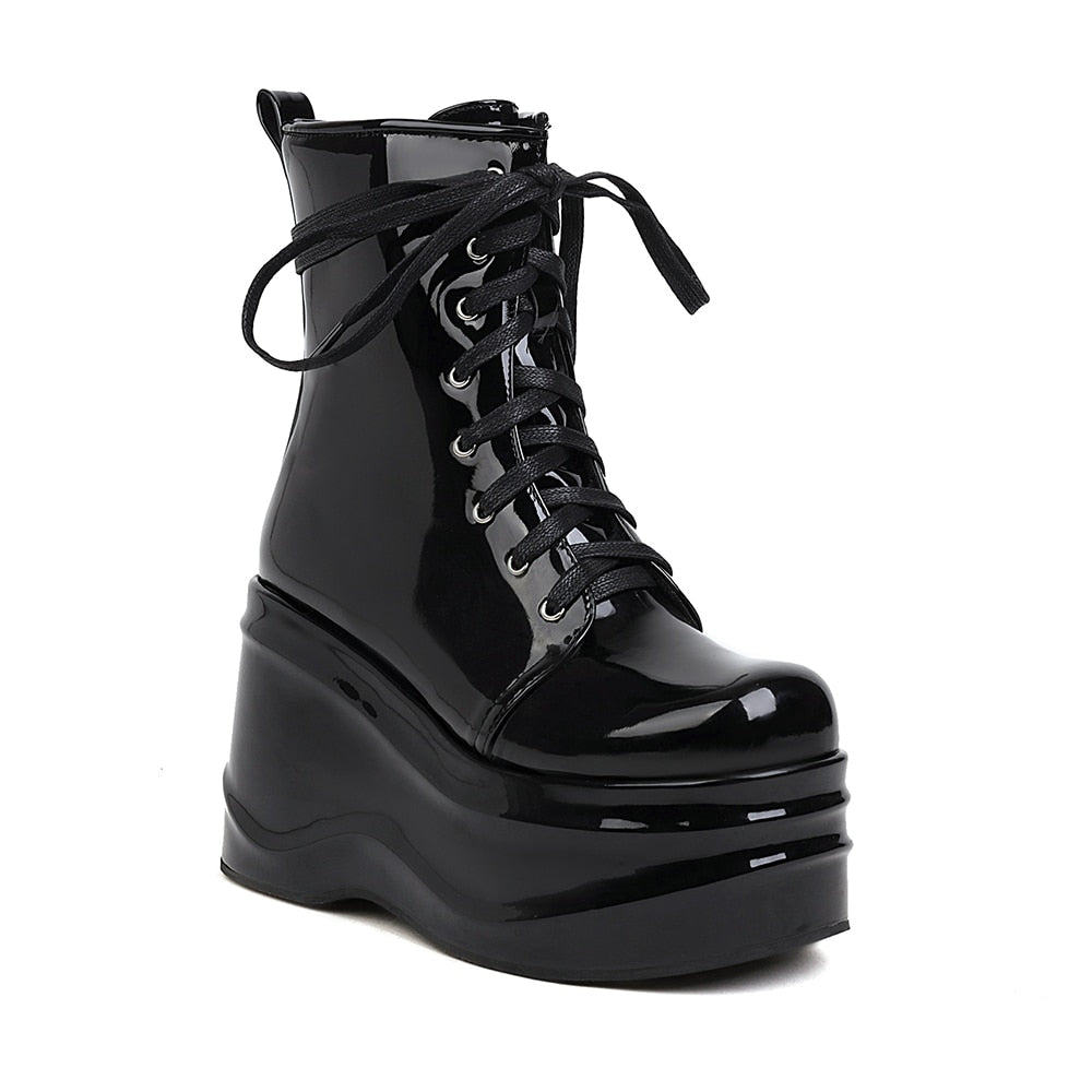 Punk Style Super High Waterproof Platform Flat-Bottomed Boots Cross-Lace Bright Patent Leather Shoes