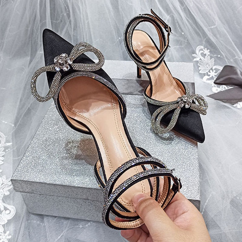 Crystal Bowknot Pointed Toe Buckle Strap Heels