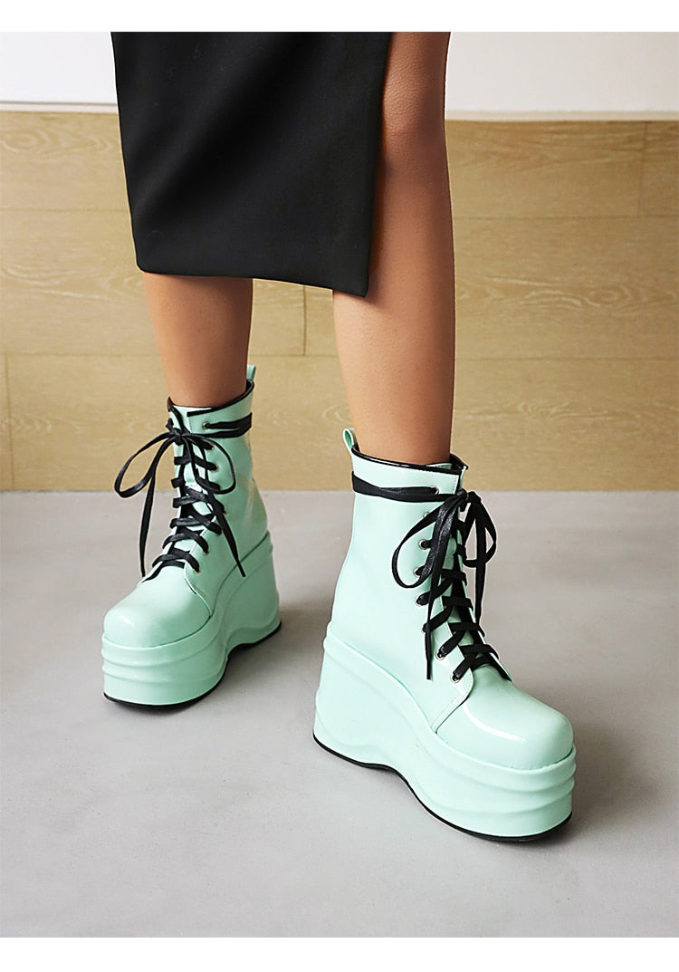 Punk Style Super High Waterproof Platform Flat-Bottomed Boots Cross-Lace Bright Patent Leather Shoes