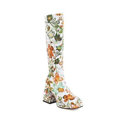 Colorful Floral Ultra-High Thick Heel Women's Knee-Length Boot Square-Toe Waterproof Platform Shoes