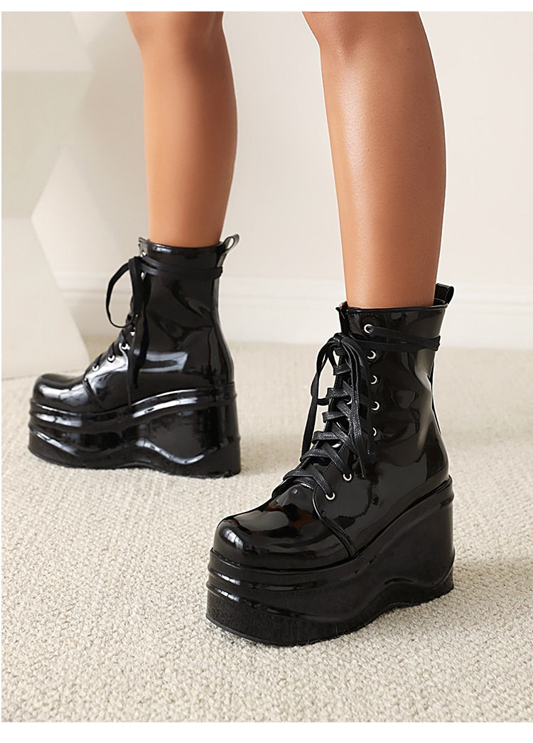 Punk Style Super High Waterproof Platform Flat-Bottomed Boots Cross-Lace Bright Patent Leather Shoes