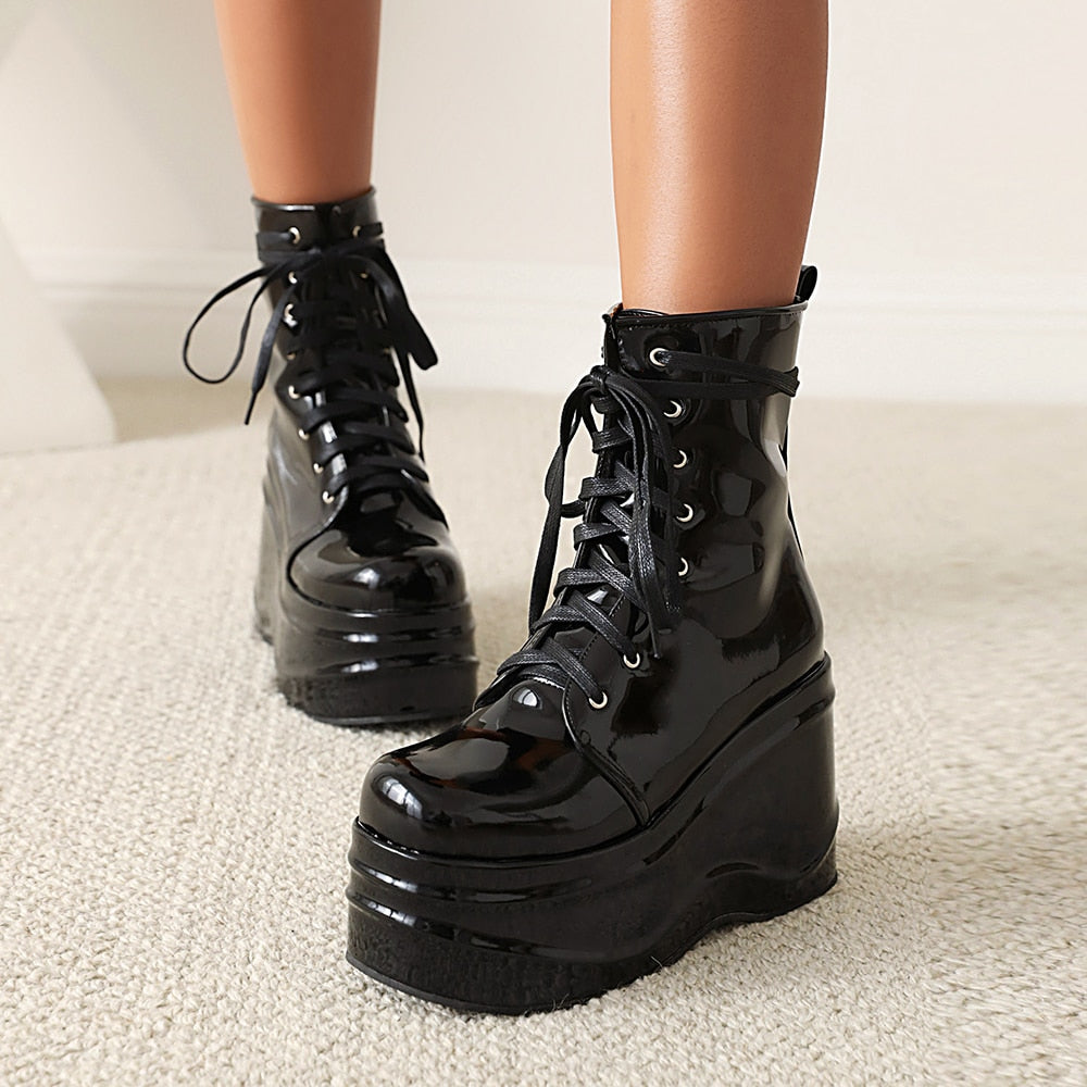 Punk Style Super High Waterproof Platform Flat-Bottomed Boots Cross-Lace Bright Patent Leather Shoes