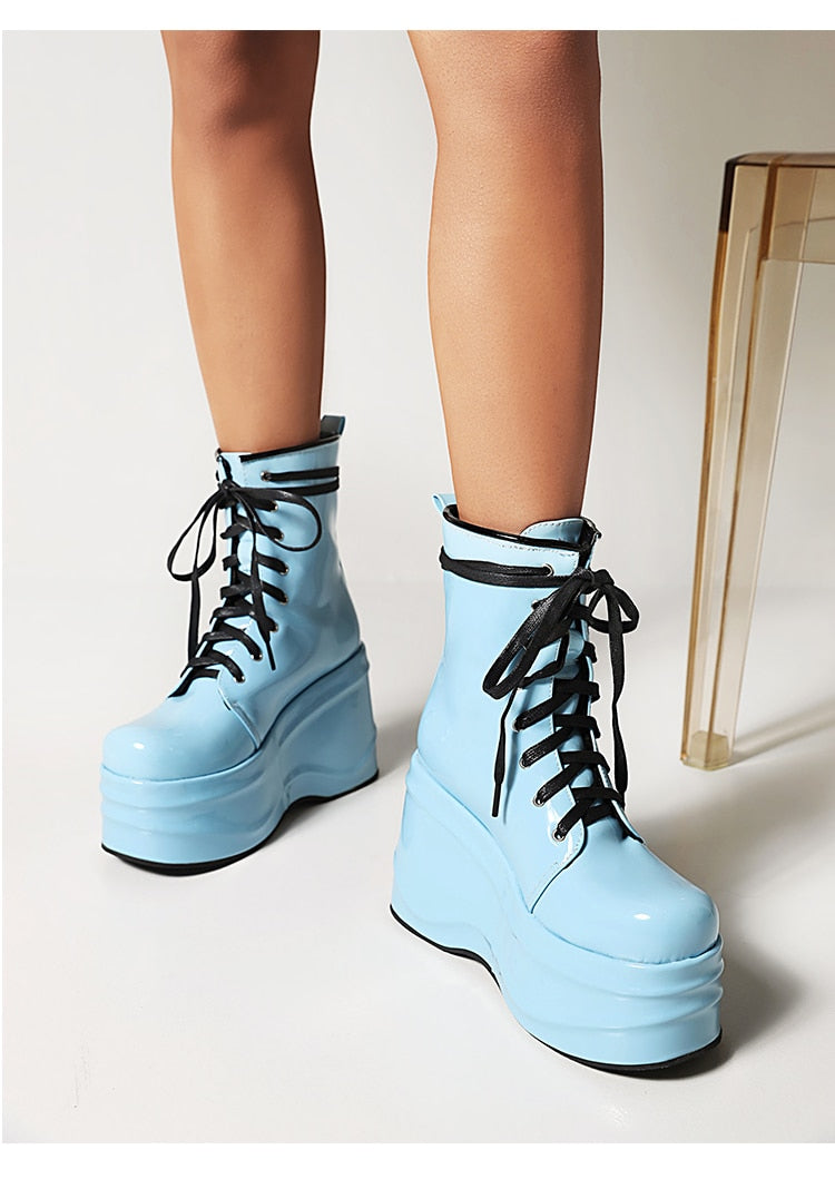 Punk Style Super High Waterproof Platform Flat-Bottomed Boots Cross-Lace Bright Patent Leather Shoes