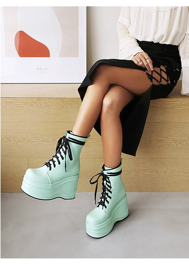 Punk Style Super High Waterproof Platform Flat-Bottomed Boots Cross-Lace Bright Patent Leather Shoes