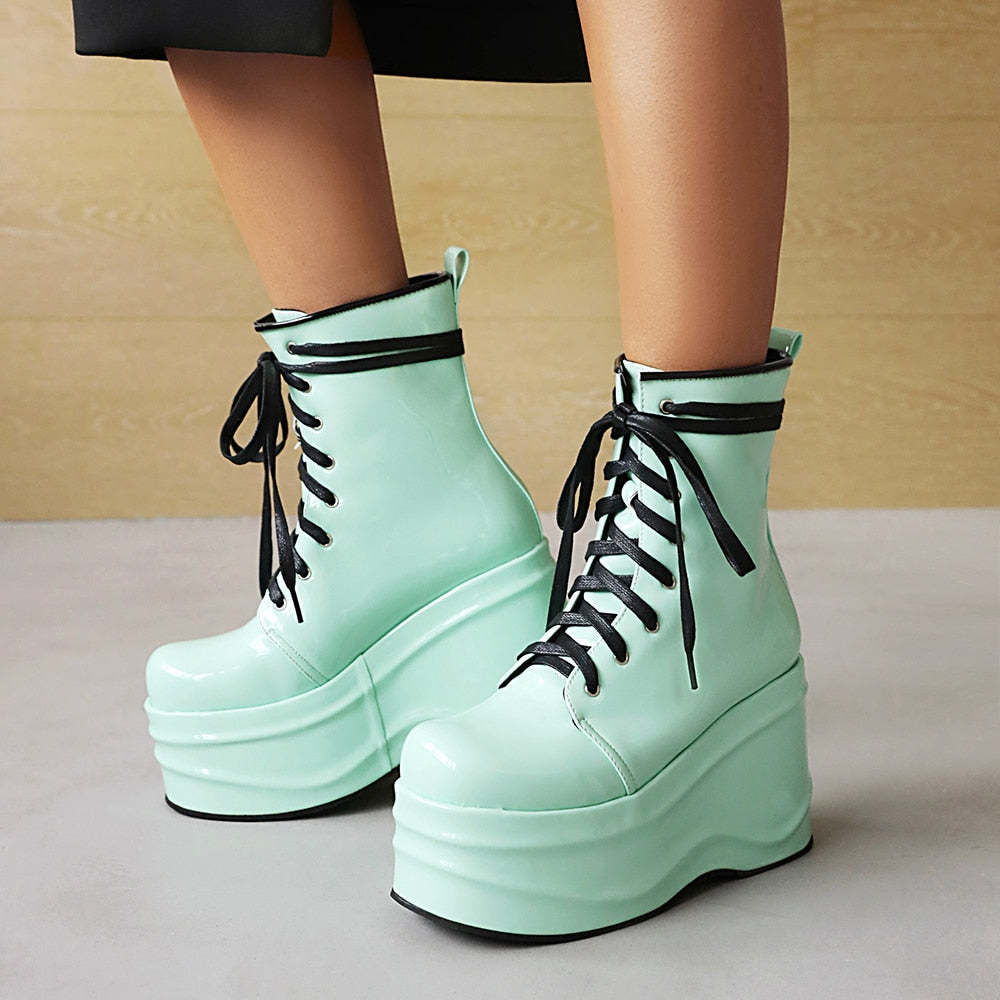 Punk Style Super High Waterproof Platform Flat-Bottomed Boots Cross-Lace Bright Patent Leather Shoes