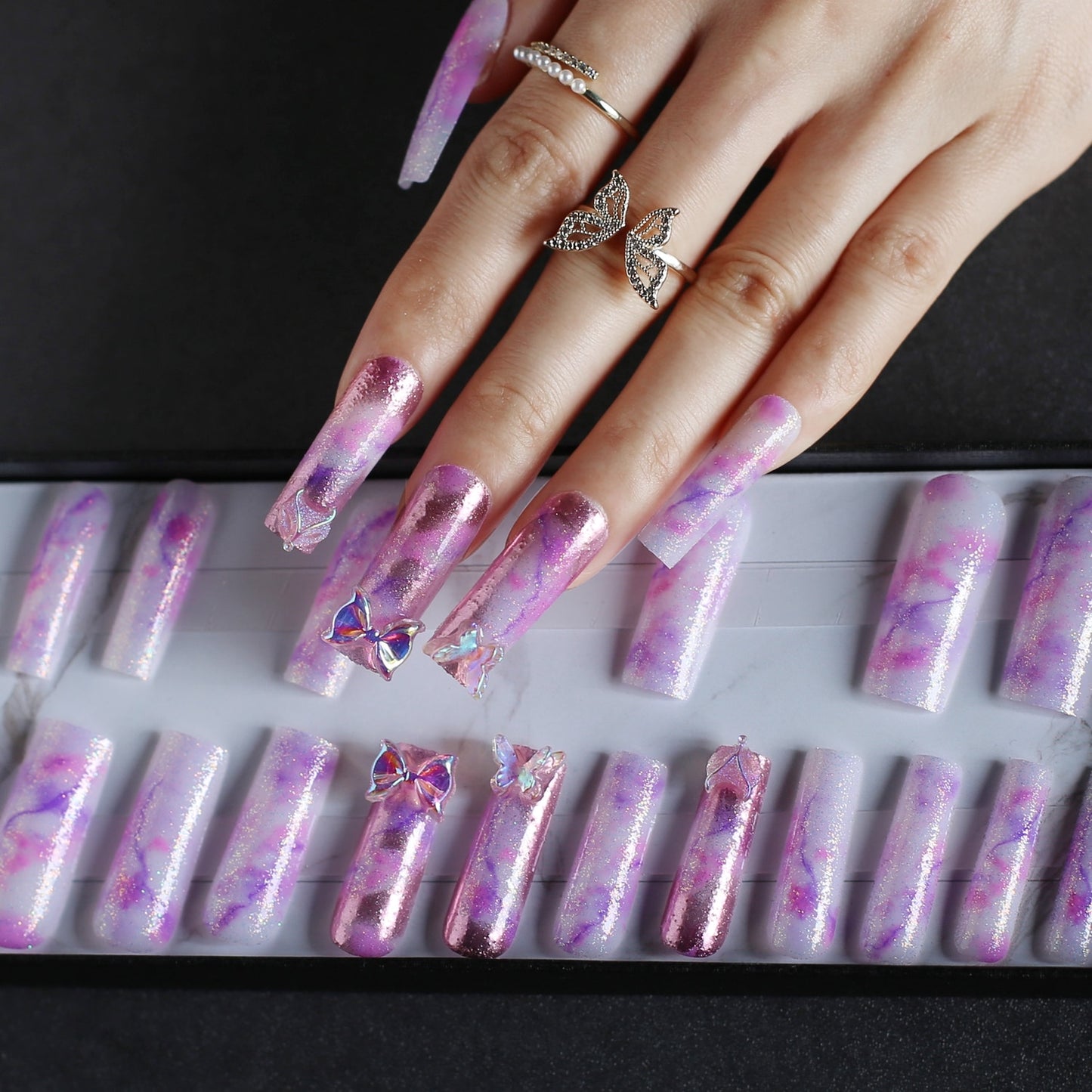 Pink crocodile Print French Pearl Crystal Nails
