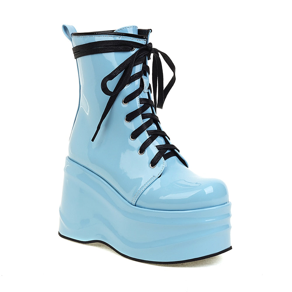 Punk Style Super High Waterproof Platform Flat-Bottomed Boots Cross-Lace Bright Patent Leather Shoes