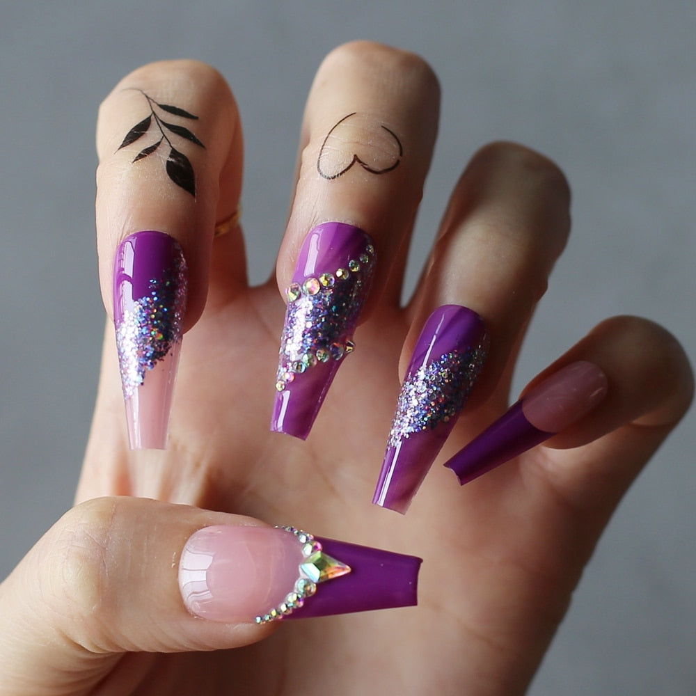 Luxury Purple Crystal Pink Splash Coffin Nail