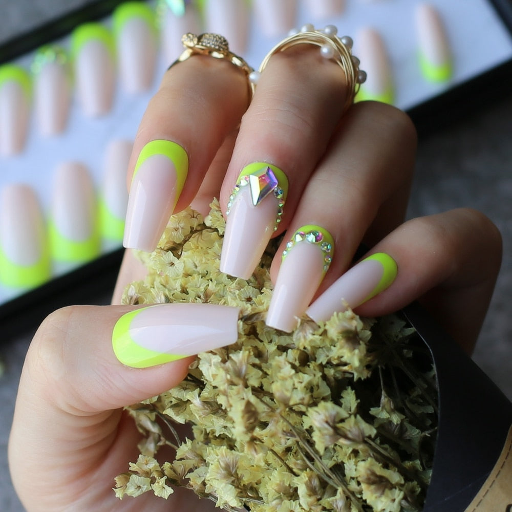 Glitter Crystal Neon Green Coffin Nails