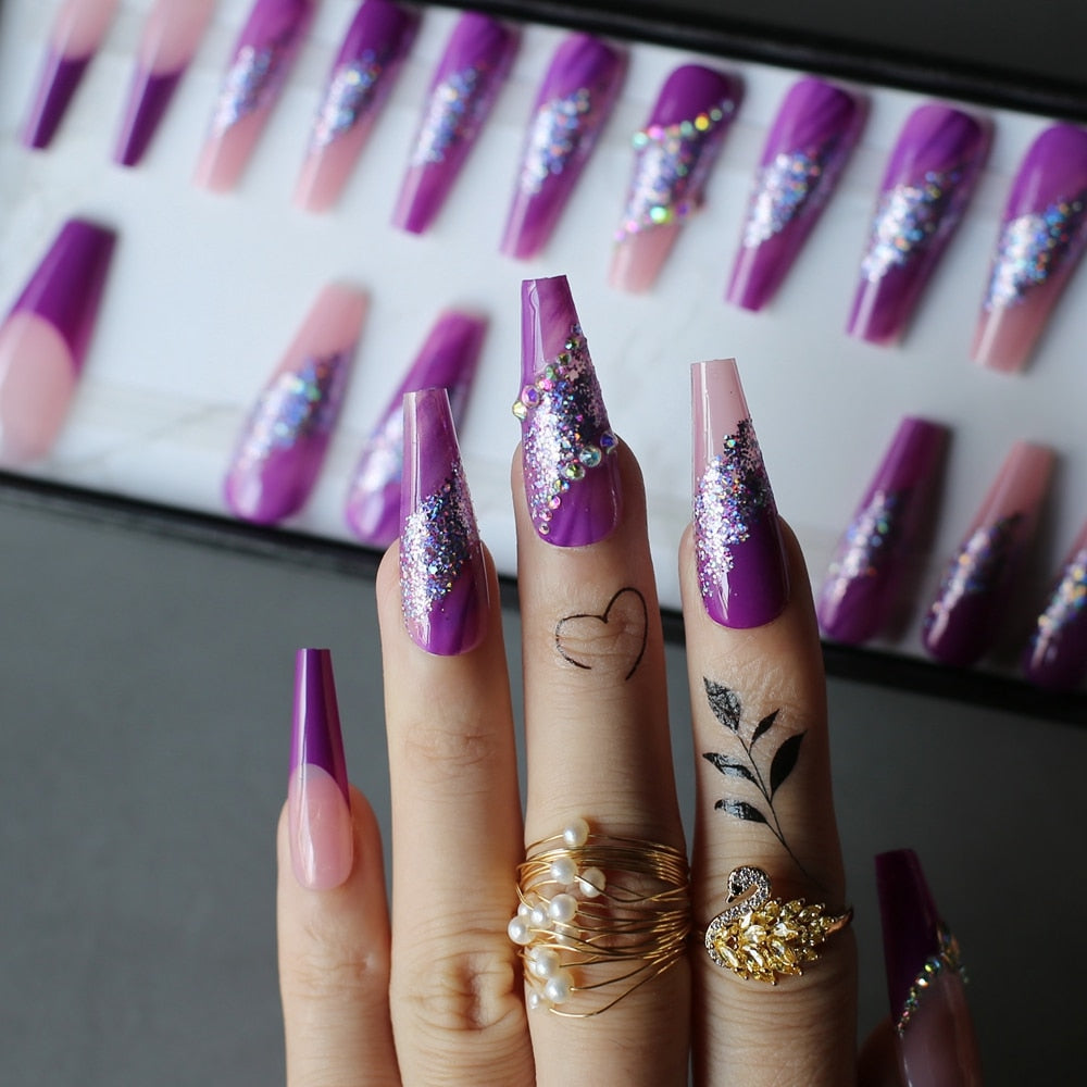 Lavender ombre coffin false nails Purple gradient pink Medium GEL fake nais  Daily wear - AliExpress