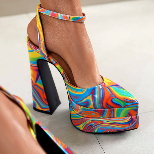 Double-Layer Platform Paint Color Glossy Patent Leather Heels