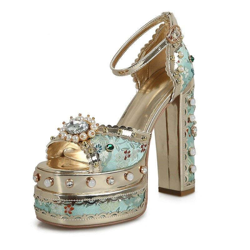 Crystal Gem Embroidery Platform Heels