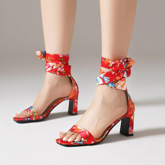 Classic Retro Printed Silk Ankle Bow Knot Heels