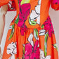 Vintage Print Floral Dress V Neck Puff Short Sleeve High Waist Colorblock Midi Dress