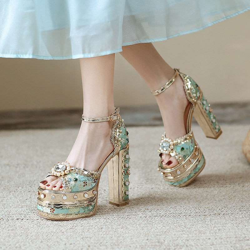 Crystal Gem Embroidery Platform Heels