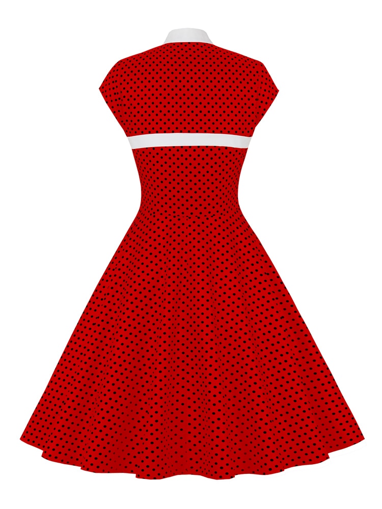 Stand Collar Hollow Out Front Button Cap Sleeve Polka Dot Vintage Dress