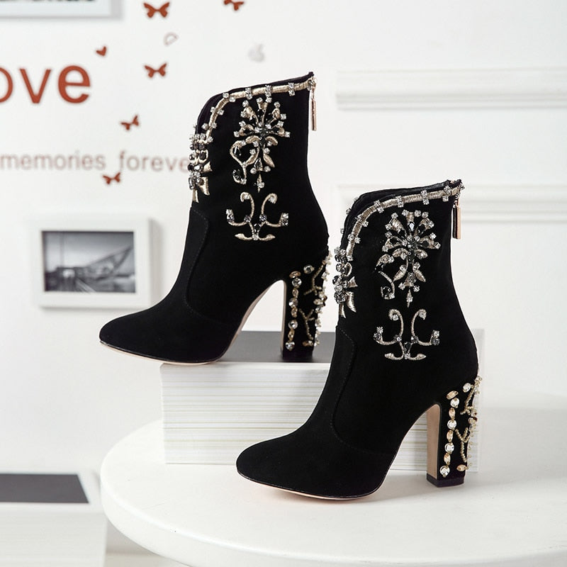 Black Retro Crystal Women Genuine leather Ankle Boots