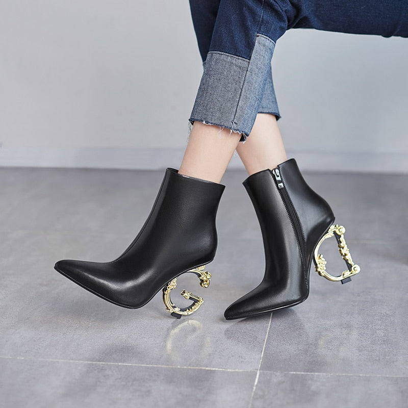 Genuine Leather Ankle Boots Letter Heels