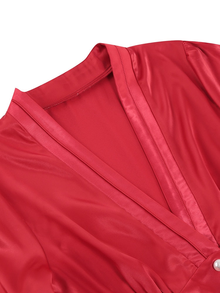 Red Elegant V-Neck Button High Waist Vintage Dress