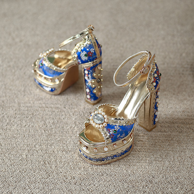 Crystal Gem Embroidery Platform Heels