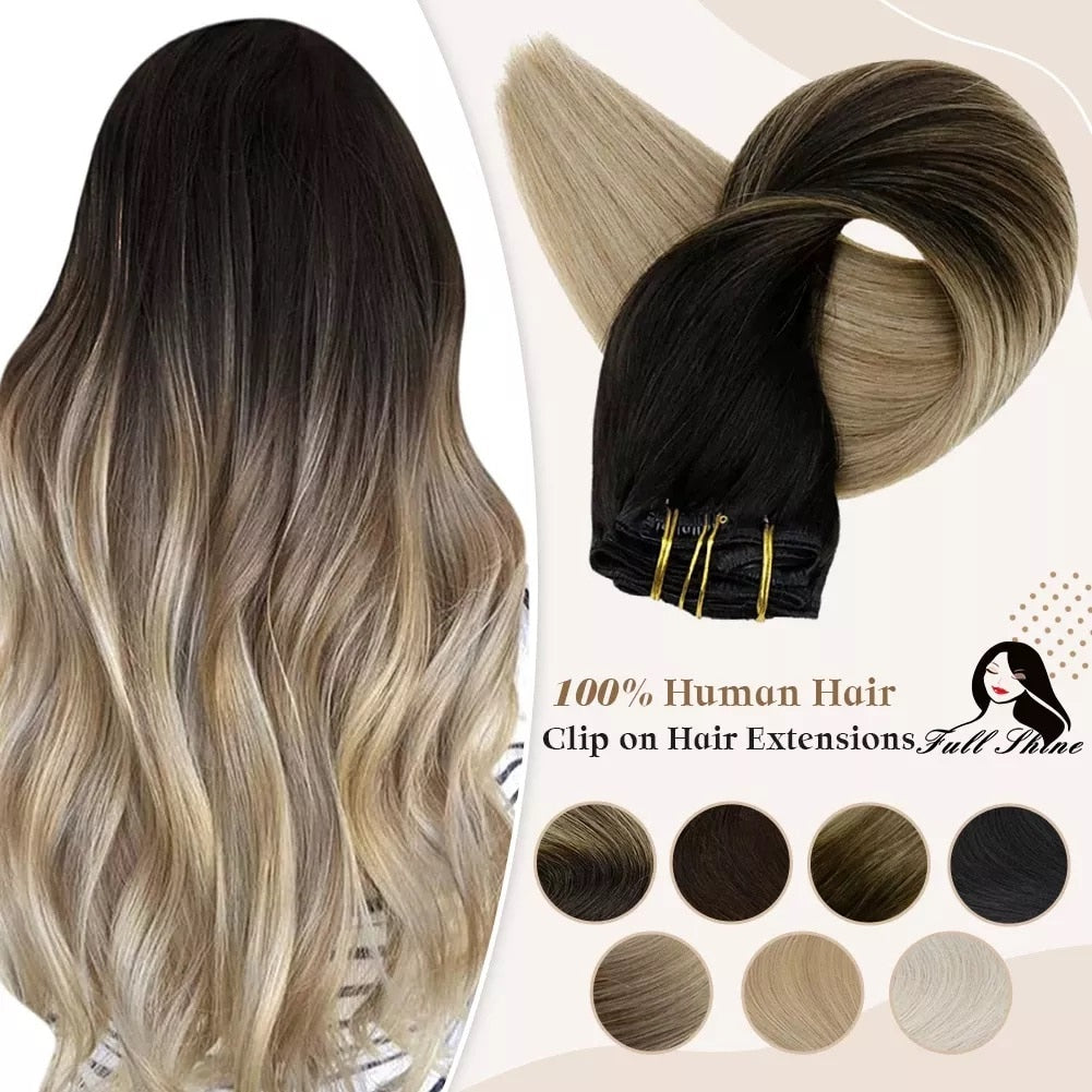 Clip In Human Hair Extensions Balayage Ombre Blonde Black Hairpins 7pcs 120g Double Weft 100% Machine Remy