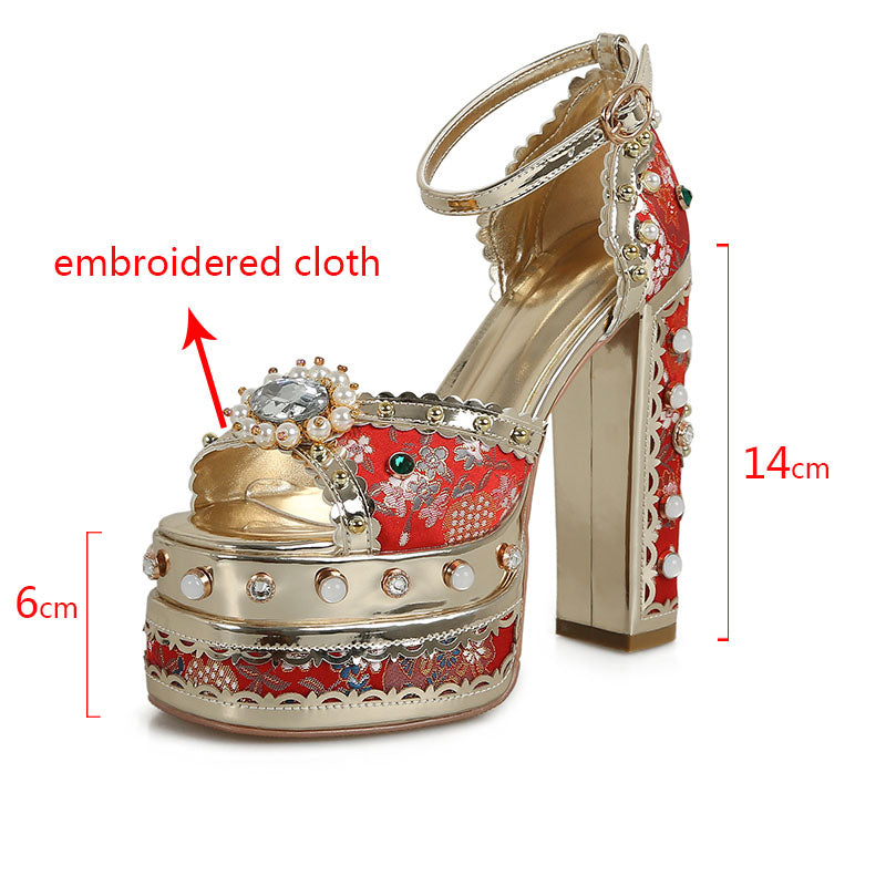 Crystal Gem Embroidery Platform Heels