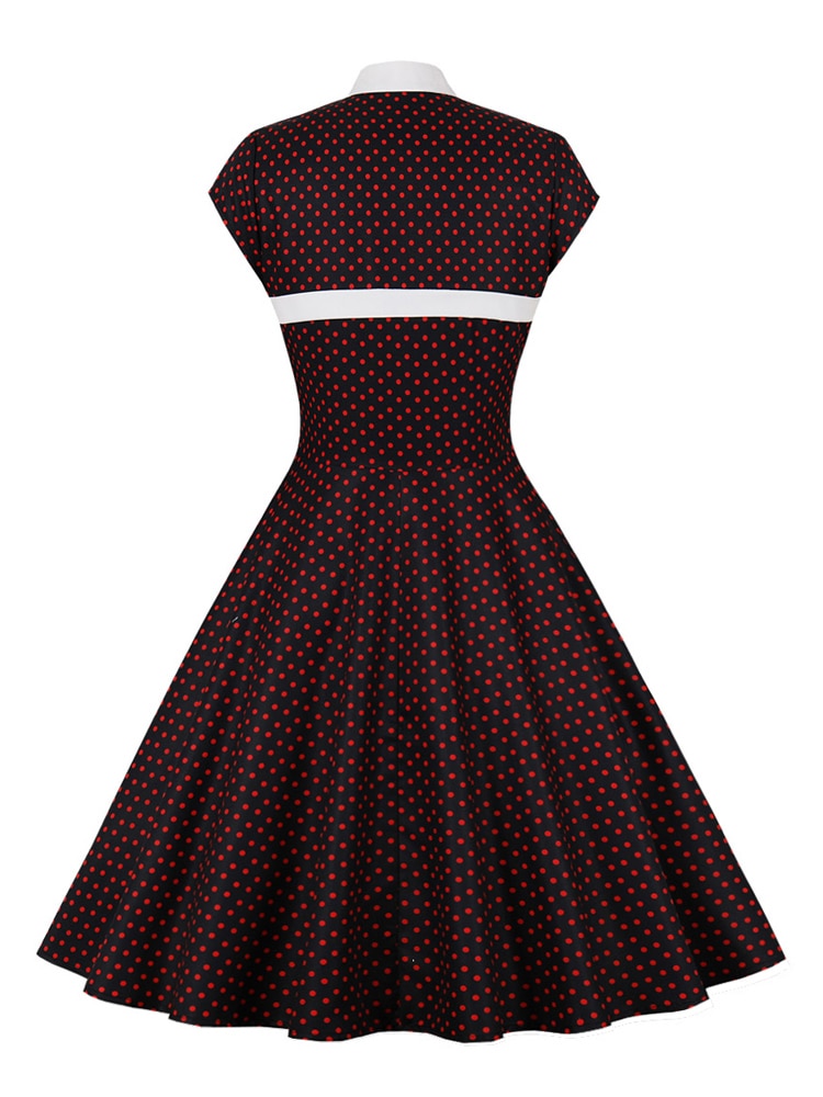 Stand Collar Hollow Out Front Button Cap Sleeve Polka Dot Vintage Dress