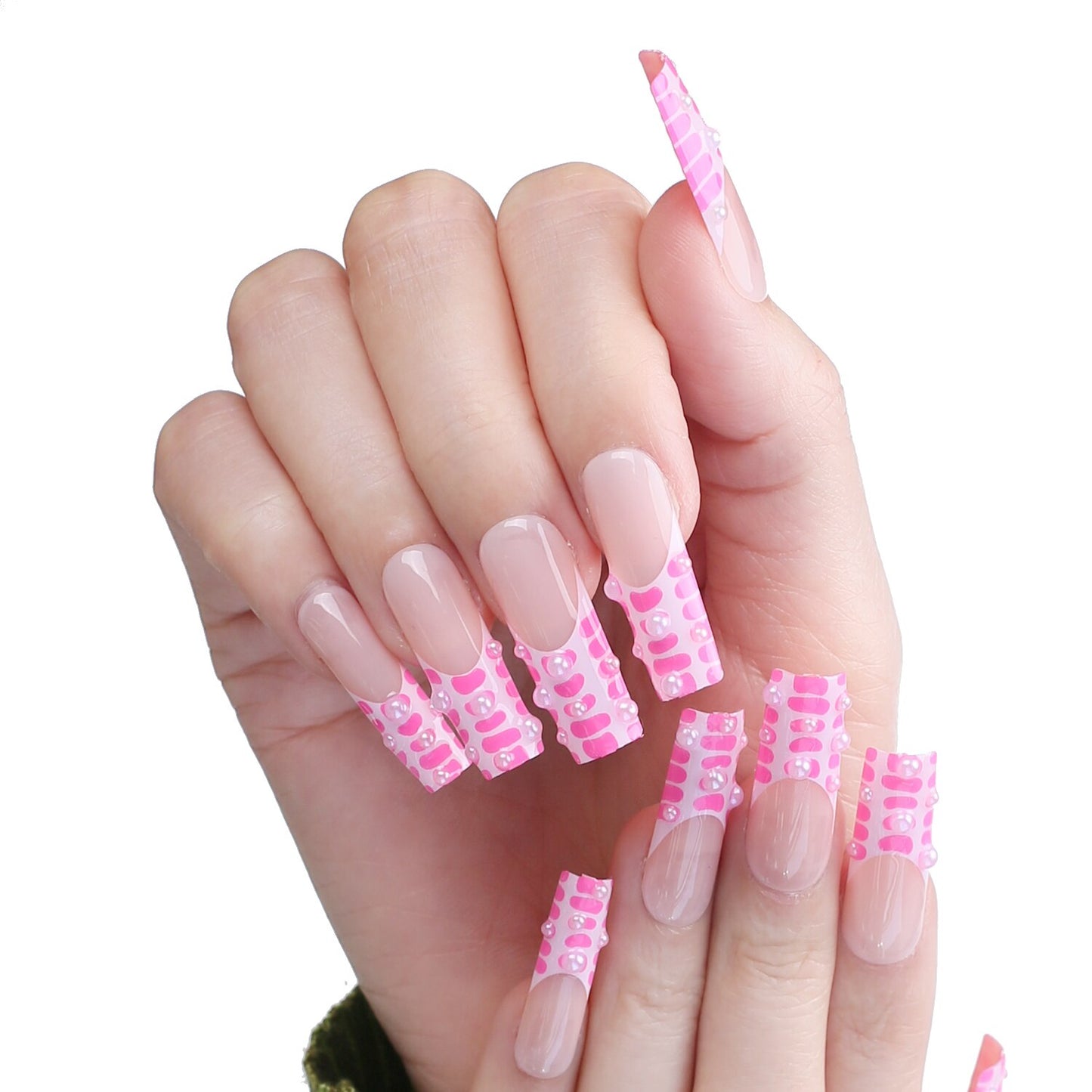 Pink crocodile Print French Pearl Crystal Nails
