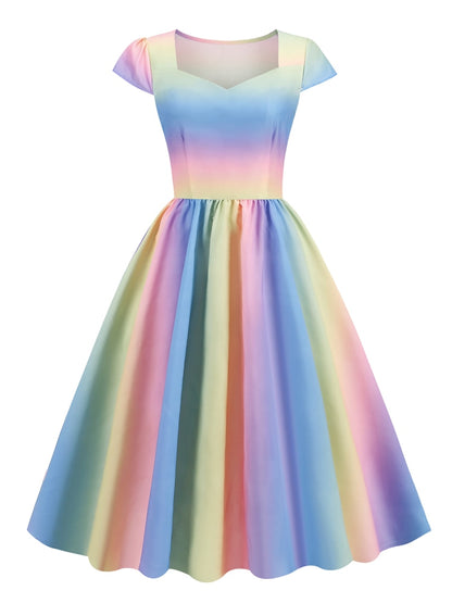 Sweetheart Neck Multicolor Print Cap Sleeve Pleated Long Dress