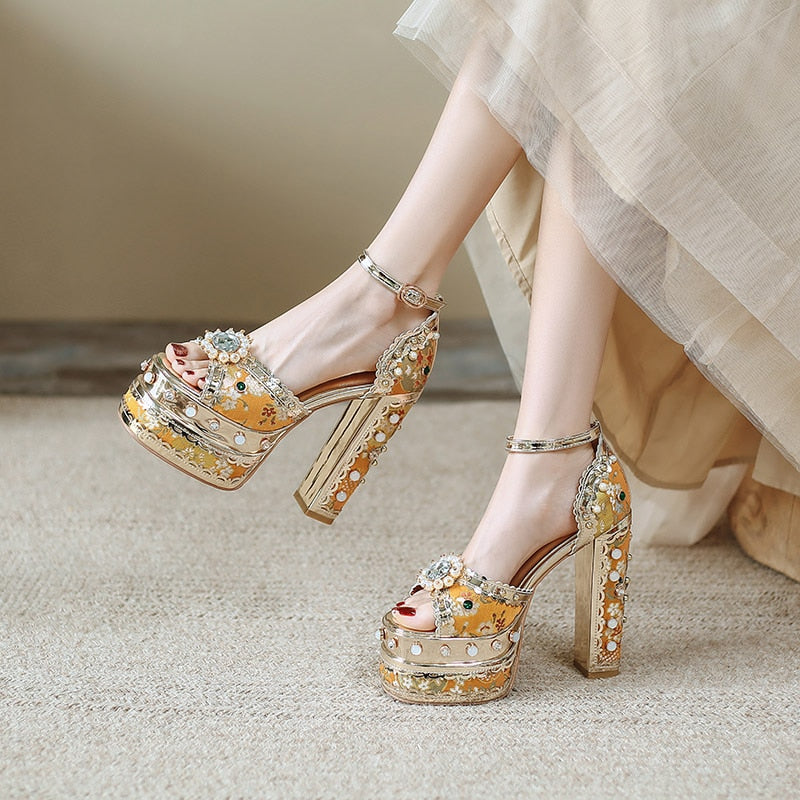 Crystal Gem Embroidery Platform Heels