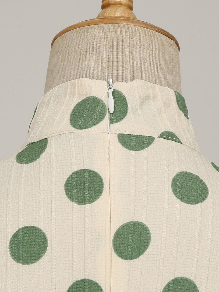 Bow Neck Bishop Sleeve Vintage Polka Dot Print Midi Pocket Dress