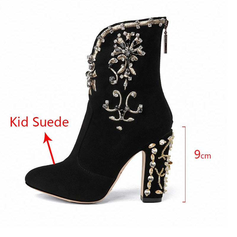 Black Retro Crystal Women Genuine leather Ankle Boots