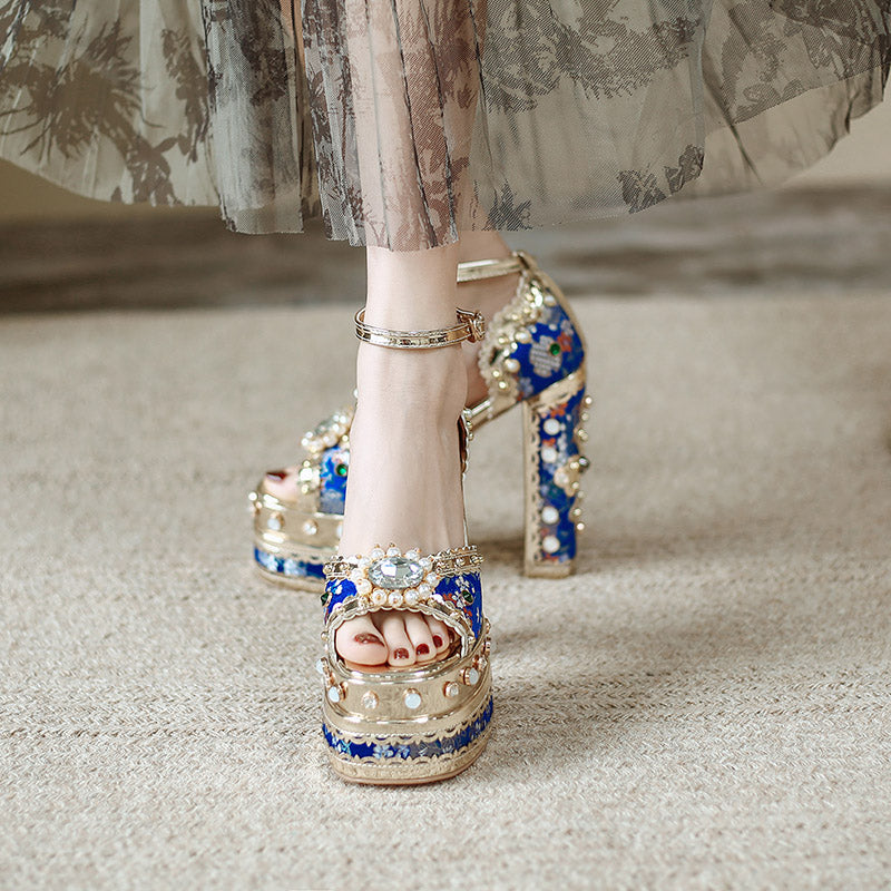 Crystal Gem Embroidery Platform Heels