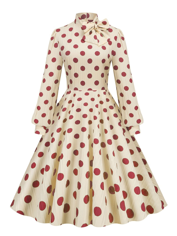 Bow Neck Bishop Sleeve Vintage Polka Dot Print Midi Pocket Dress