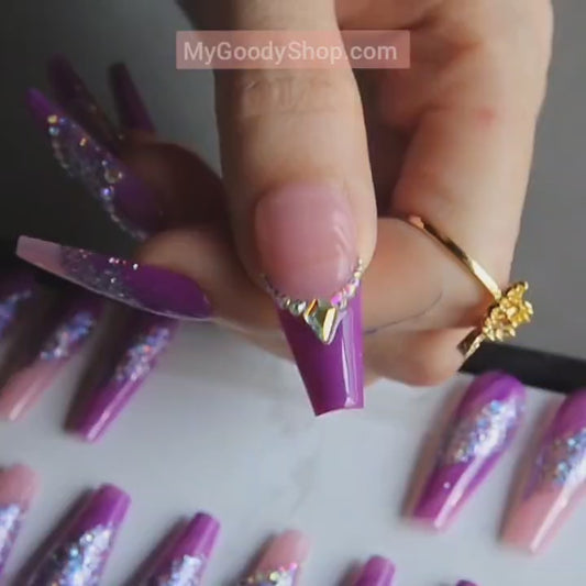 Luxury Purple Crystal Pink Splash Coffin Nail