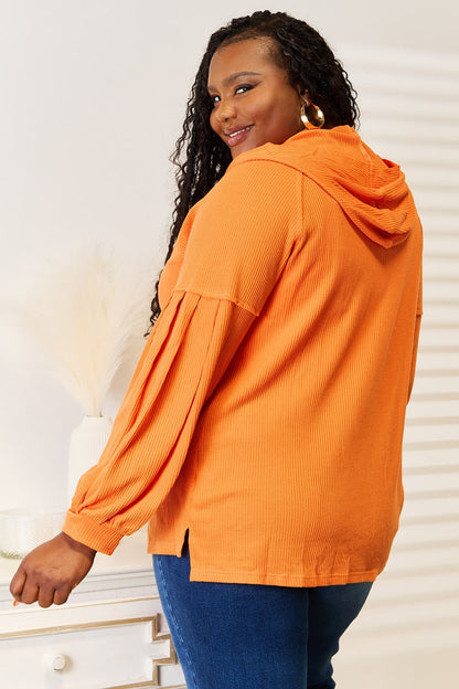 Double Take Side Slit Buttoned Waffle Knit Hoodie