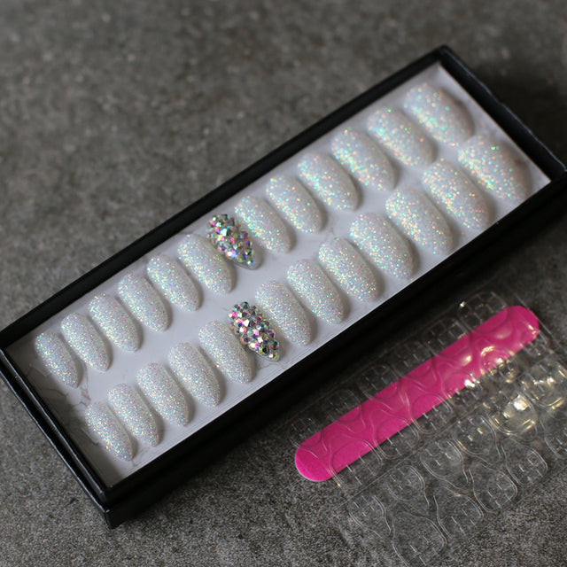 White Glitter Powder Stiletto Press on Nails Full Crystal Diamond Nails