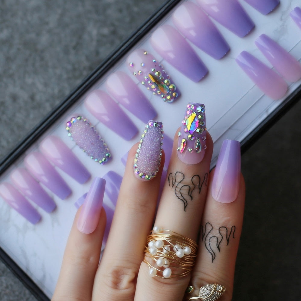 Purple Lavender Coffin Crystal Nails with Box (Other Options)