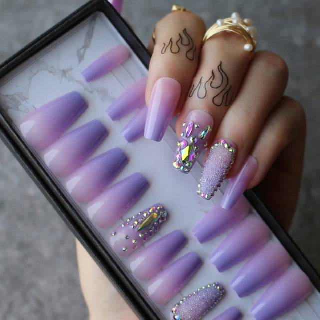 Purple Lavender Coffin Crystal Nails with Box (Other Options)