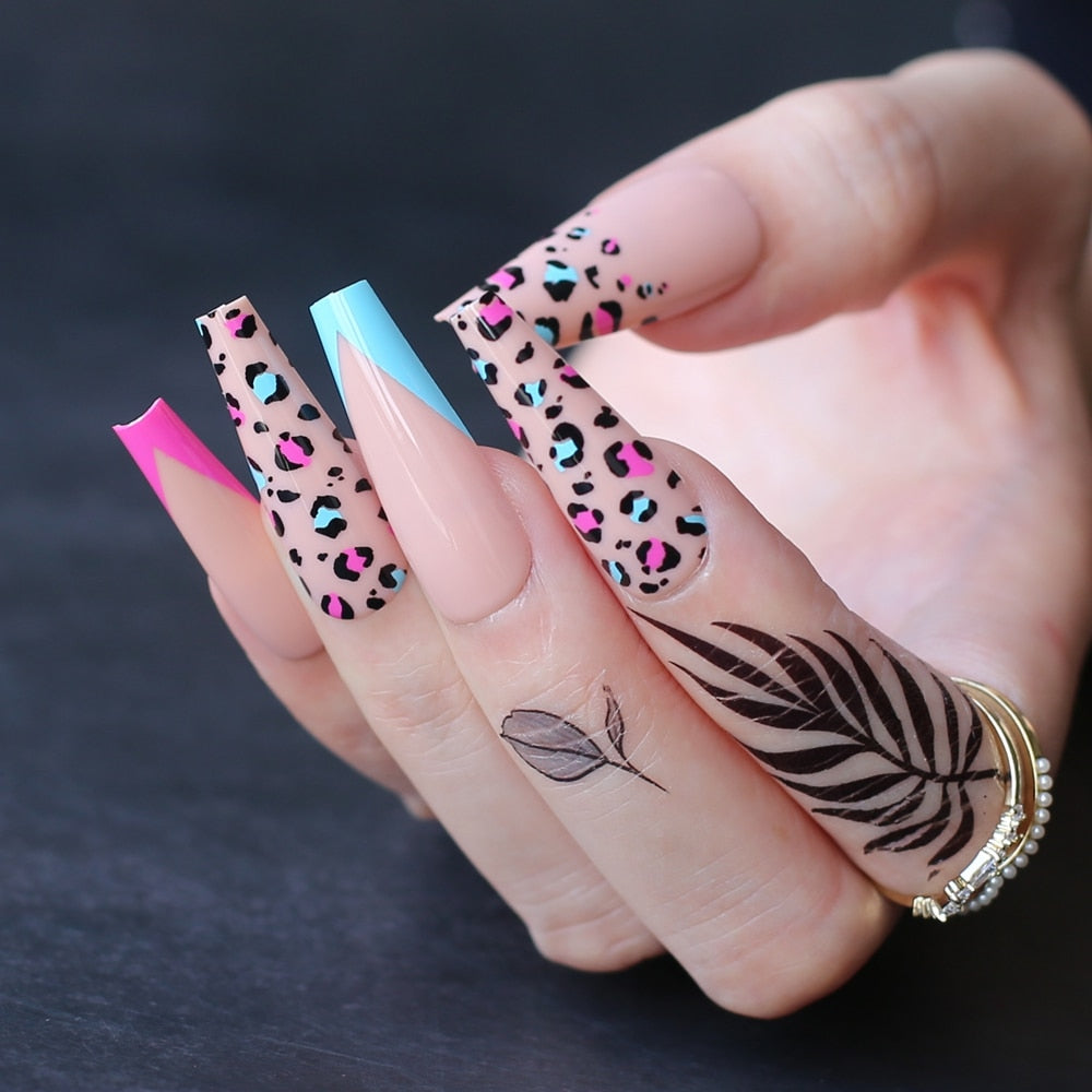 Leopard Print V French Extra Coffin Nails