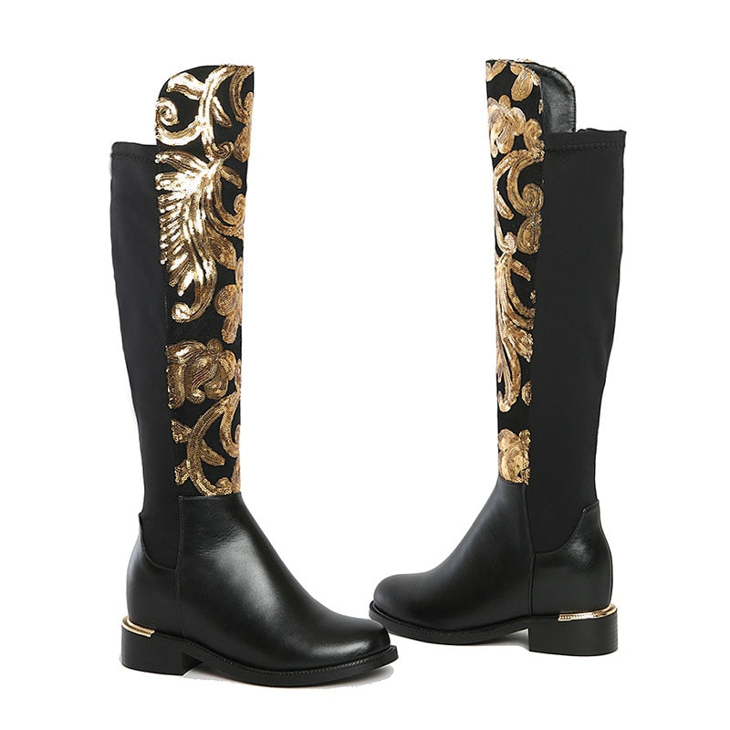 Gold Embroidery Knee High Leather Boots