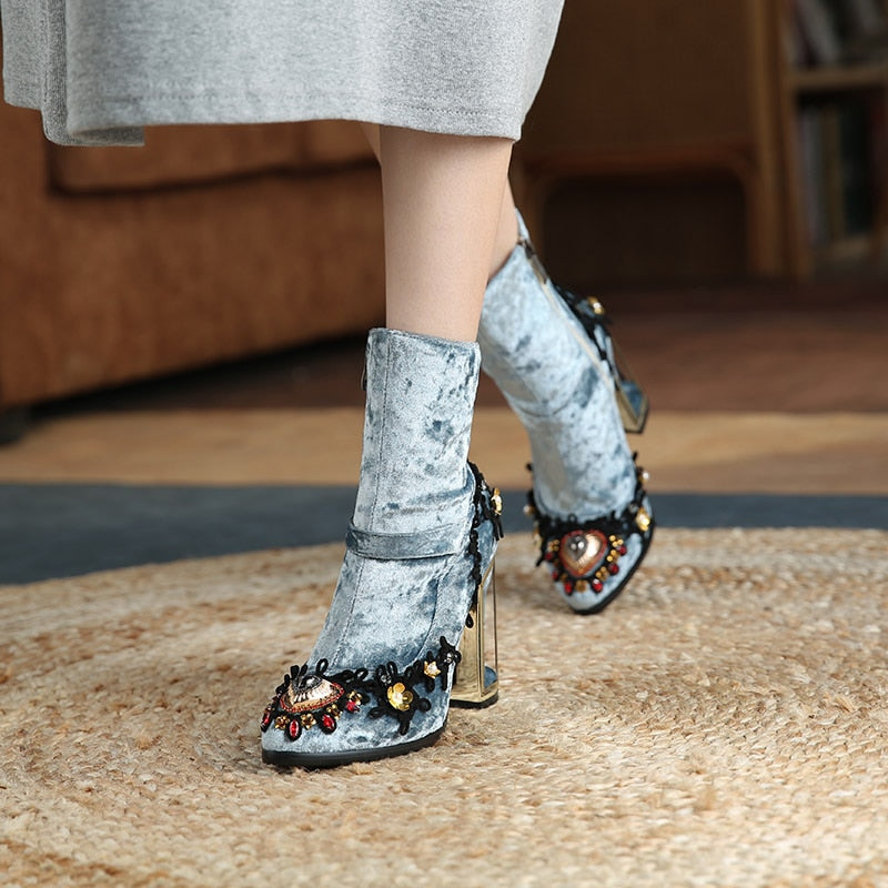 Embroidered Crystal Ankle Boot Heels
