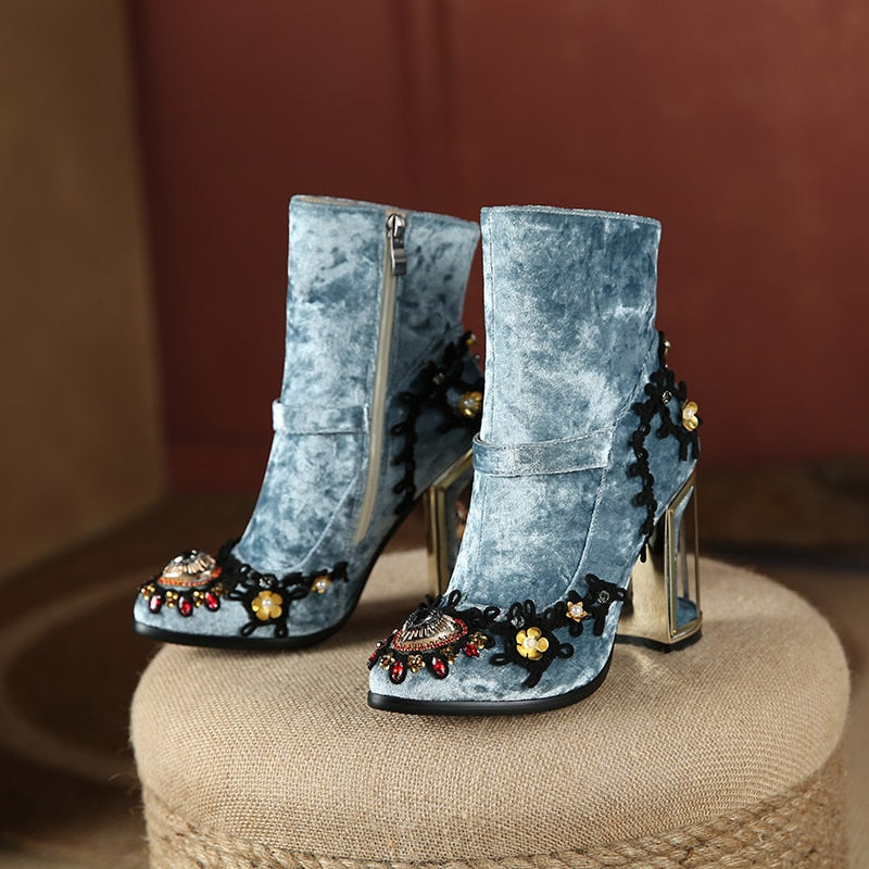 Embroidered Crystal Ankle Boot Heels