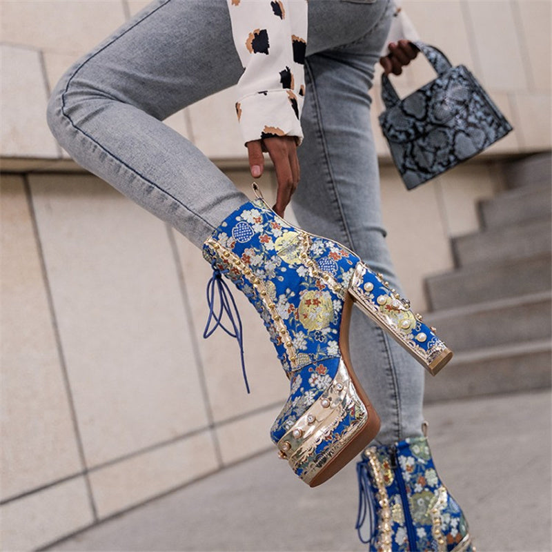 Crystal Silk Embroidery Platform Ankle Boots
